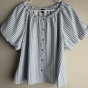 Ann Taylor XL Blue White Stripe Puff Sleeve Peasant Blouse